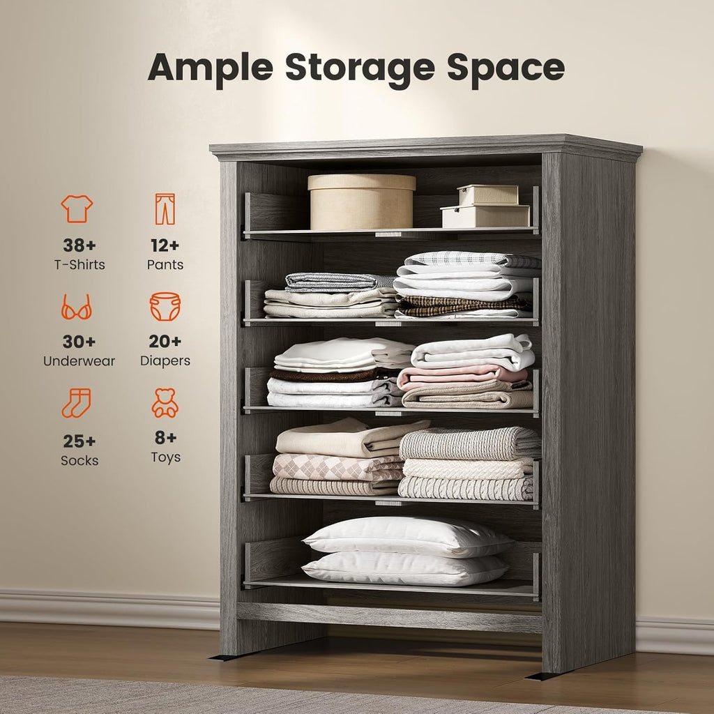 Pipishell Grey 5 Drawers Dresser Chests for Bedroom, 42.7 Inch Tall Wooden Dresser, Farmhouse Storgae Organizer with Large Drawers & Bar Handles for Bedroom, Entryway, Hallway, Grey