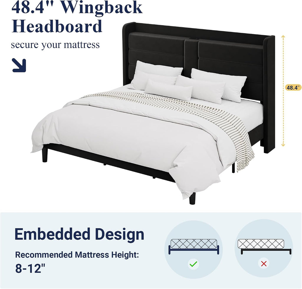 Allewie King Size Platform Bed Frame with Charging Station & Storage Headboard, Upholstered Velvet Wingback Design & USB Port, Strong Wooden Slats Support, No Box Spring Needed, Easy Assembly, Black
