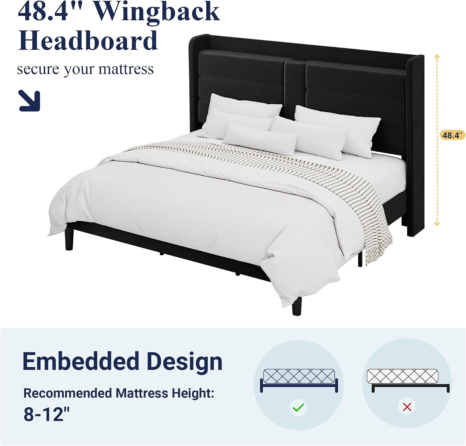 Allewie King Size Platform Bed Frame with Charging Station & Storage Headboard, Upholstered Velvet Wingback Design & USB Port, Strong Wooden Slats Support, No Box Spring Needed, Easy Assembly, Black