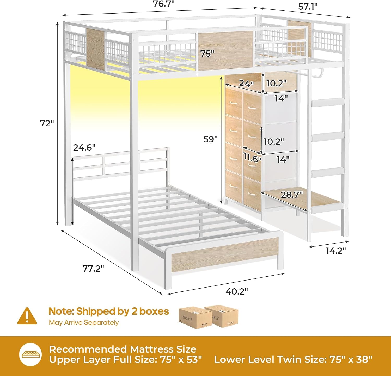 ADORNEVE Full Over Twin Bunk Bed with 8 Storage Drawers, Metal Loft Bed with Led Lights & Storage Shelves, Bunk Beds Twin over Full Size with 13.4' H Safety Guardrail & Ladder, for Kids & Teens, White