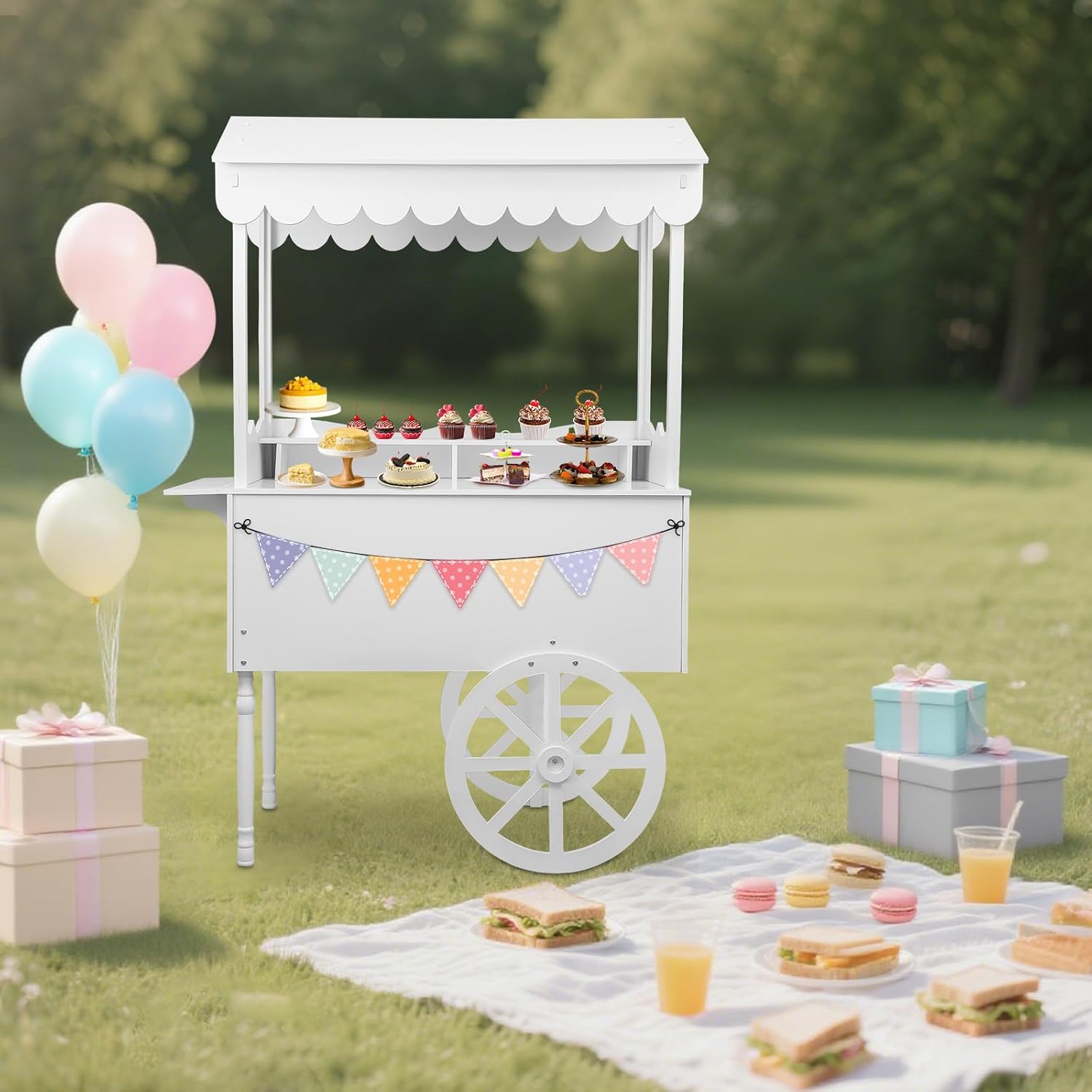 Large Country Market Wooden Rolling Table Cart, Antique Solid Wood Decor Display Rack Cart with Wheels, Rolling Table Carts for Display Various Flowers and Candy (White-1)