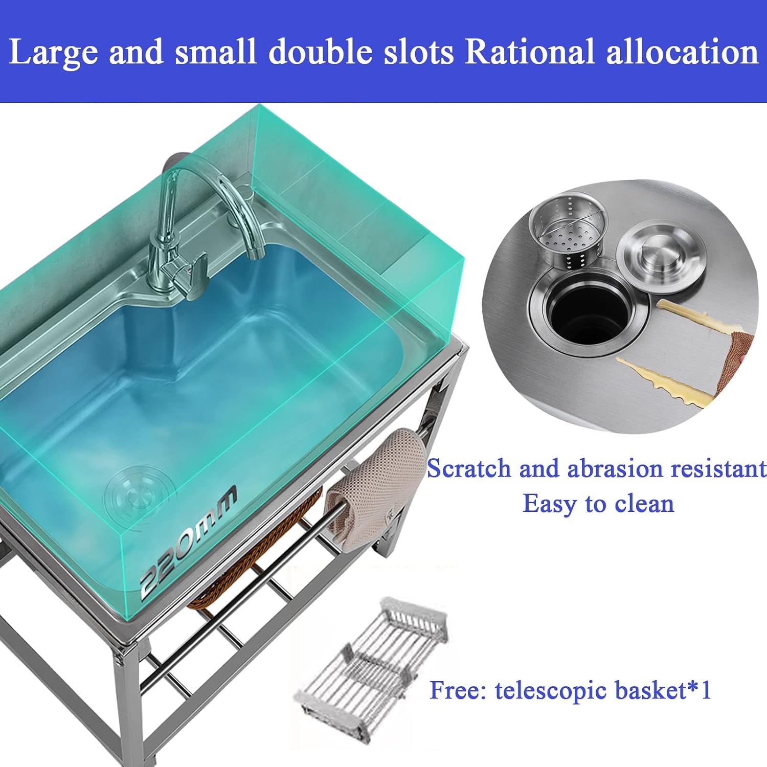 Kitchen Commercial Kitchen Sink, Wash Basin 304 Stainless Steel 1 Compartment Outdoor Workbench with 360° Hot and Cold Swivel Faucet Commercial Sinks for Outdoor Indoor