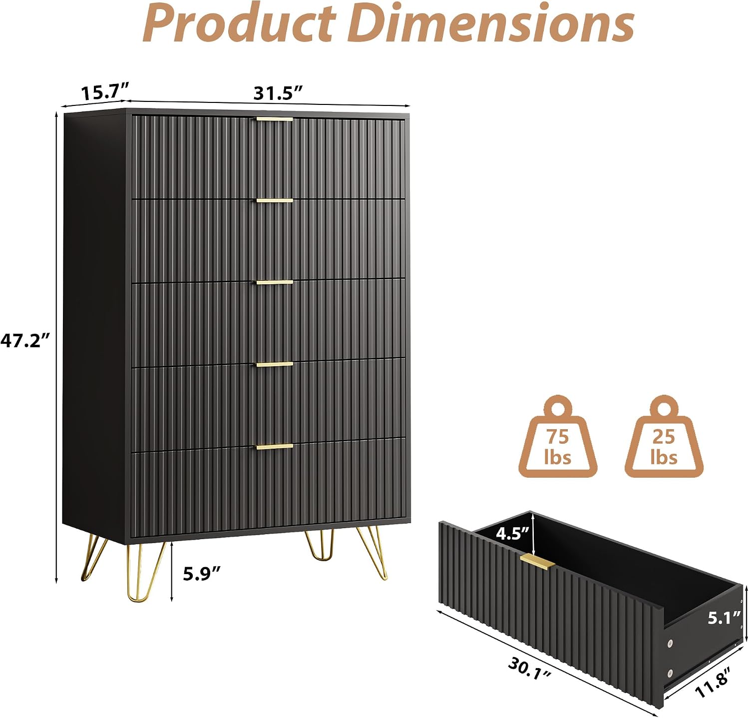 MAISONARIA 5 Drawers Dresser for Bedroom, 47' Tall Modern Chest of Drawers with Gold Handle, Fluted Wood Dresser for Bedroom, Living Room, Hallway, Entryway, Black