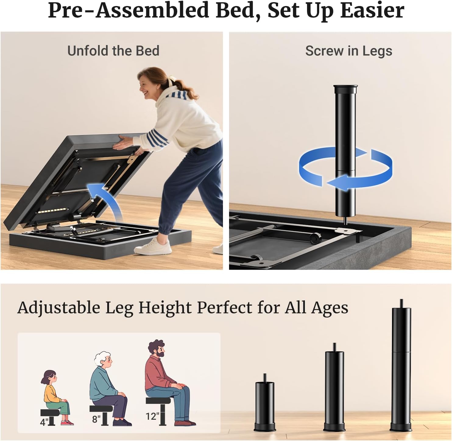 Tami Tami T450 Adjustable Bed Frame Queen with Remote, Ergonomic Adjustable Base with Head & Foot Incline, Zero Gravity, Nightlight, Quiet Motor, and 3 Height-Adjustable Legs, Easy Assembly