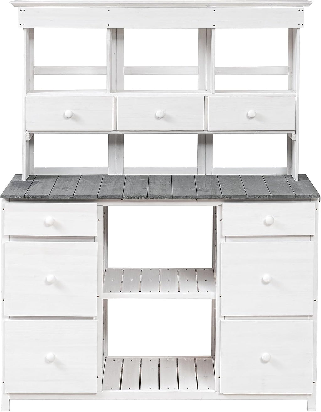 Rustic 50''W Garden Potting Bench Table with 3 Tiers Shelf and Ample Drawers, Large Gardening Workstation with Fir Wood Frame for Outdoor Space, White+gray
