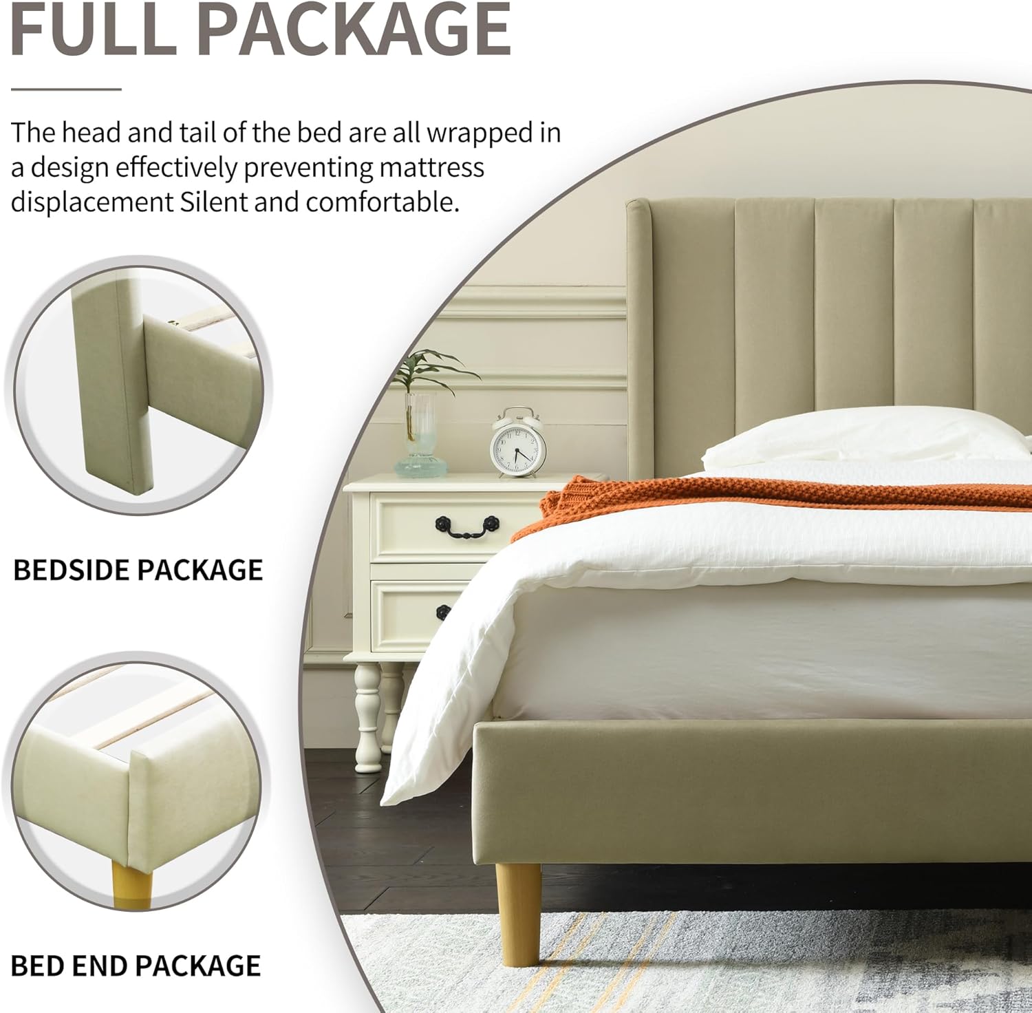 YUHUASHI upholstered Platform Bed Frame/Full Bed Frame/Modern Geometric Double-Wing Design headboard/Linen Fabric/Easy to Assemble no Noise (Beige, Full)