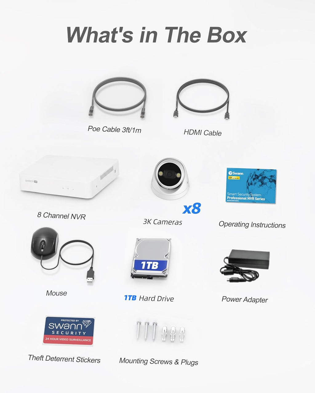 Swann AdvancedX™ Wired 5MP NVR Security System, 8 Channel, 4 Dome 3K Cameras, 1TB Storage, White, 24/7 Recording
