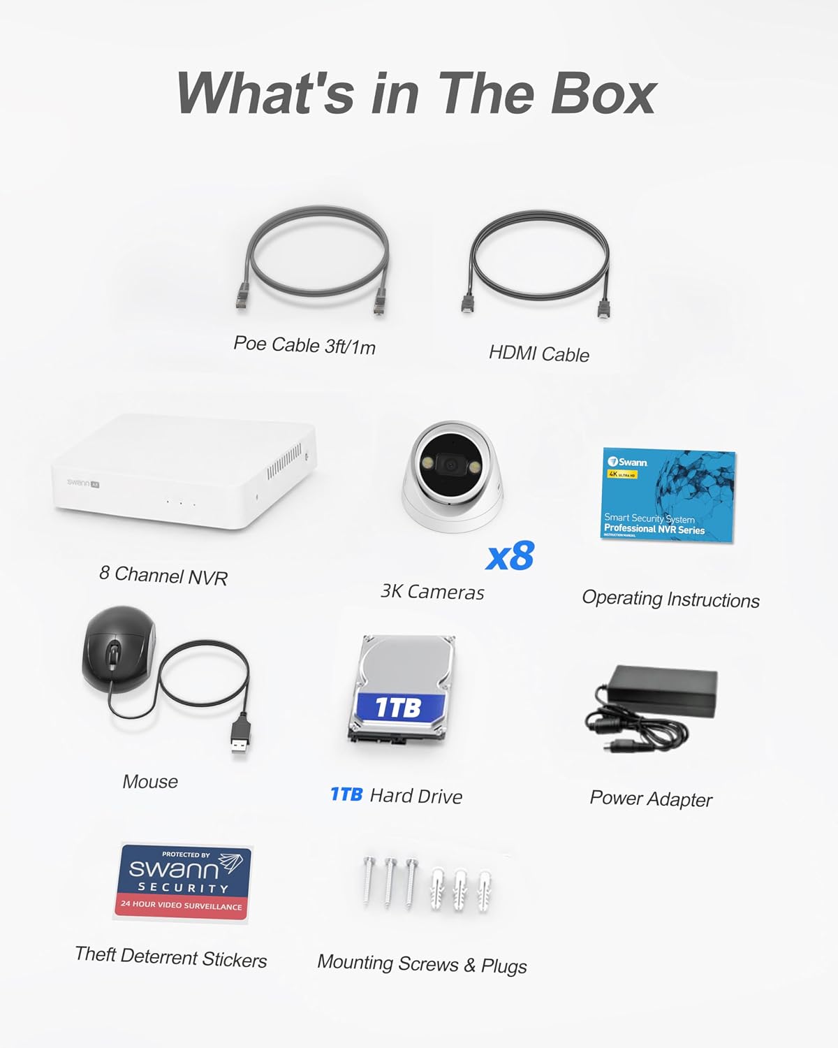 Swann AdvancedX™ Wired 5MP NVR Security System, 8 Channel, 4 Dome 3K Cameras, 1TB Storage, White, 24/7 Recording