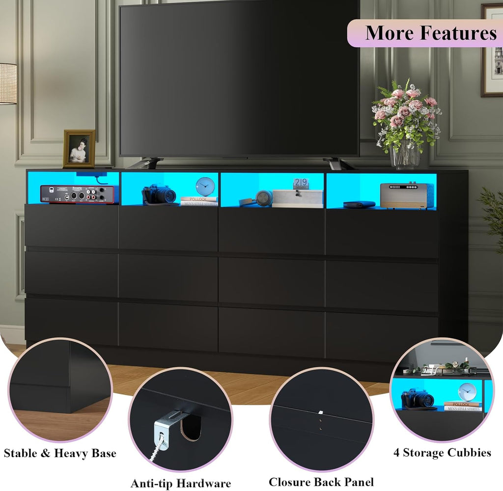 Loomie 12-Cell Divided Drawers Black Dresser with Charging Station & Led Lights for Bedroom, Long 63' Wide Dresser TV Stand for TVs up to 75', Large Dressers Organizer with 4 Open Cubbies