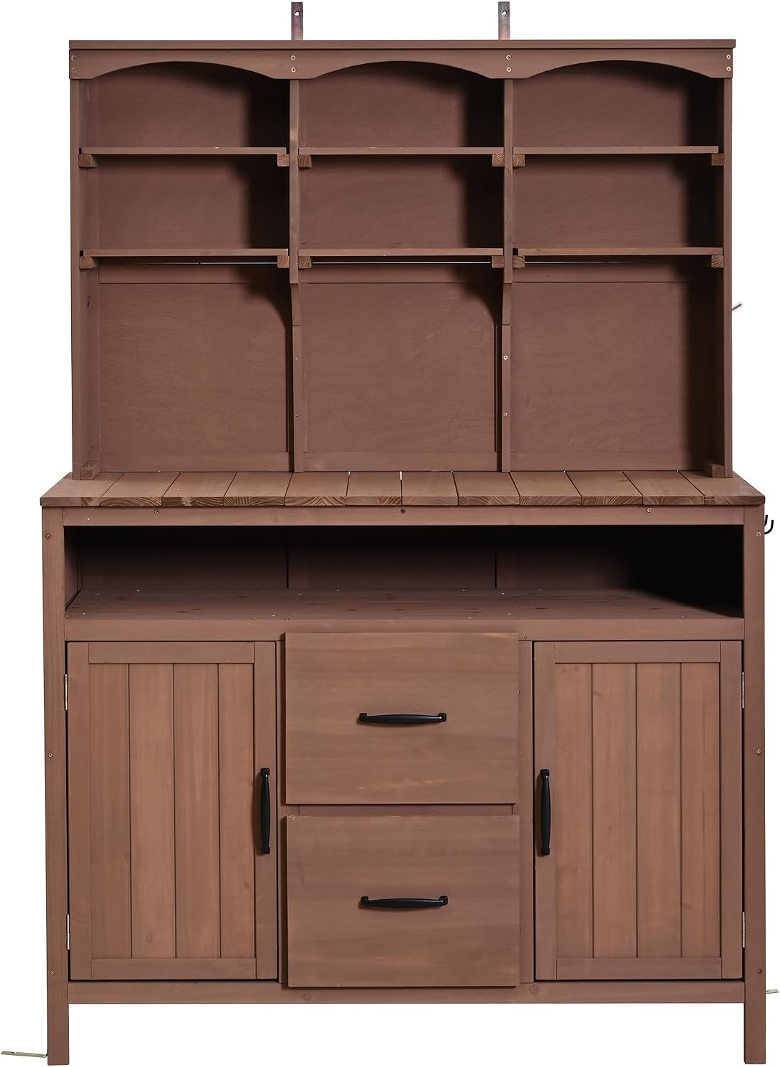 Outdoor Potting Bench Table with Large Countertop and Hutch, Freestanding Garden Workstation with Cabinets, Drawers and Hooks for Backyard (Brown)