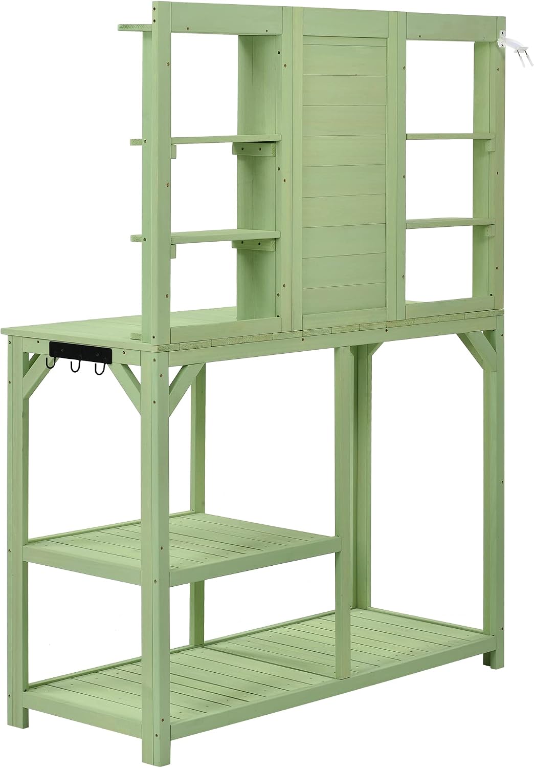 64.6' Outdoor Large Potting Bench Table,Wood Workstation with 6-Tier Shelves and Large Tabletop,Backsplash and Side Hook,for Mudroom Backyard Garden Patio (Green@Shelves)