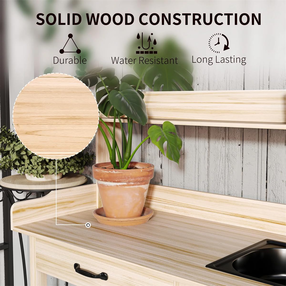 Outdoor Potting Bench with Storage Cabinet, Sink, Faucet and Hooks (Natural, 44.5' Length)
