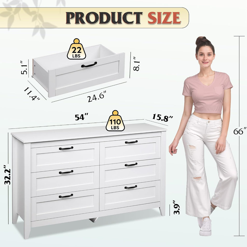 WLIVE White Dresser for Bedroom, 6 Drawer Wood Dresser with Metal Handle, Large Double Wooden Chest of Drawers for Living Room, Hallway, Closet