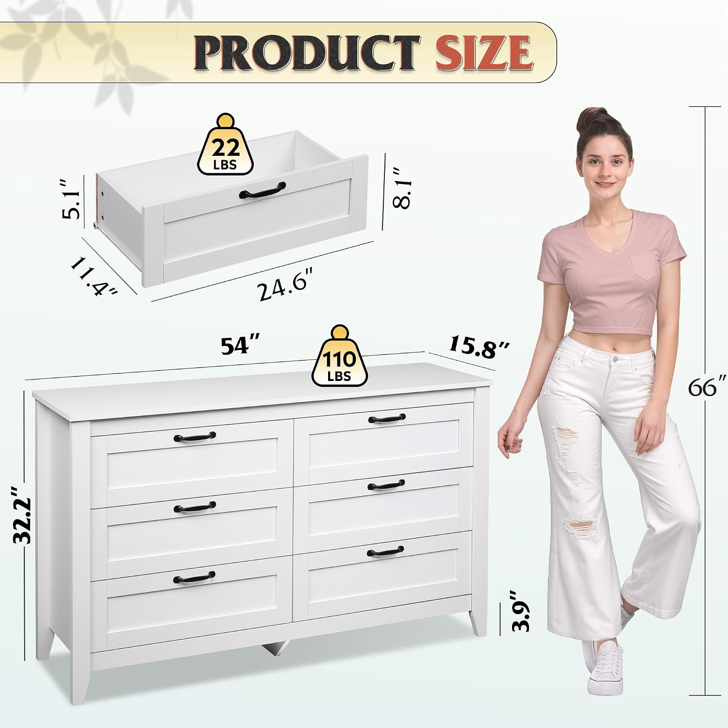 WLIVE White Dresser for Bedroom, 6 Drawer Wood Dresser with Metal Handle, Large Double Wooden Chest of Drawers for Living Room, Hallway, Closet