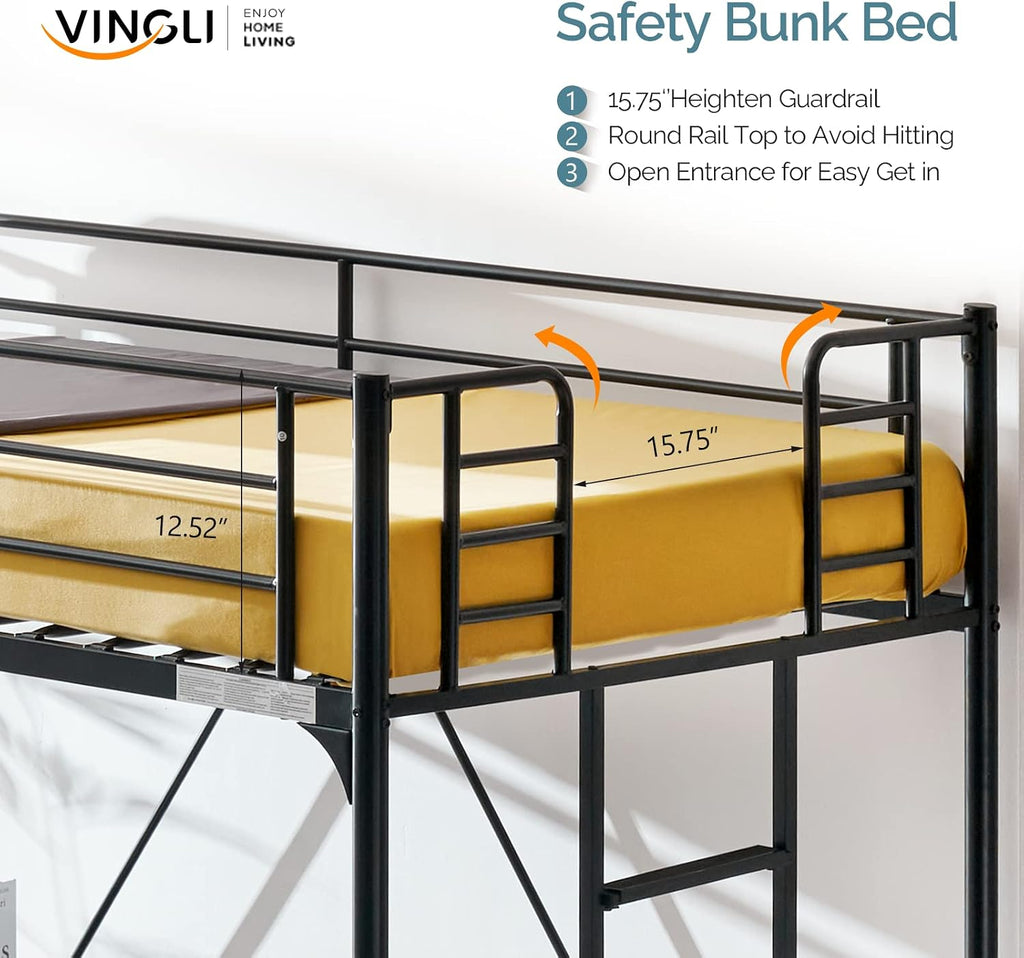 VINGLI 71 Inches Tall Loft Bed Twin Size with Flat Ladder Rung for Kids Teens Adults Heavy Duty Metal Single Bunk Bed Loft with Safety Guard Rails for Small Space, Black