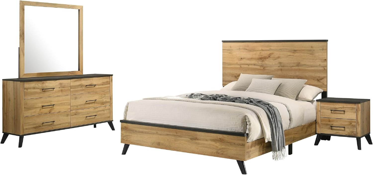 Benzara Wemy 4 Piece Full Size Bed Set, Rustic Brown Pine Wood, Tapered Legs