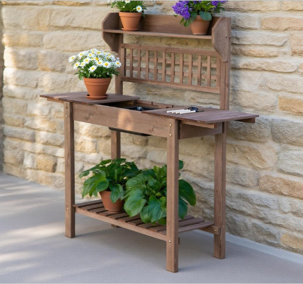 Wooden Outdoor Potting Bench Workstation Table with Storage Shelf, Dry Sink and Expandable Sliding Tabletop for Cutting and Potting Vegetables, Herbs, and Other Plants (Brown)