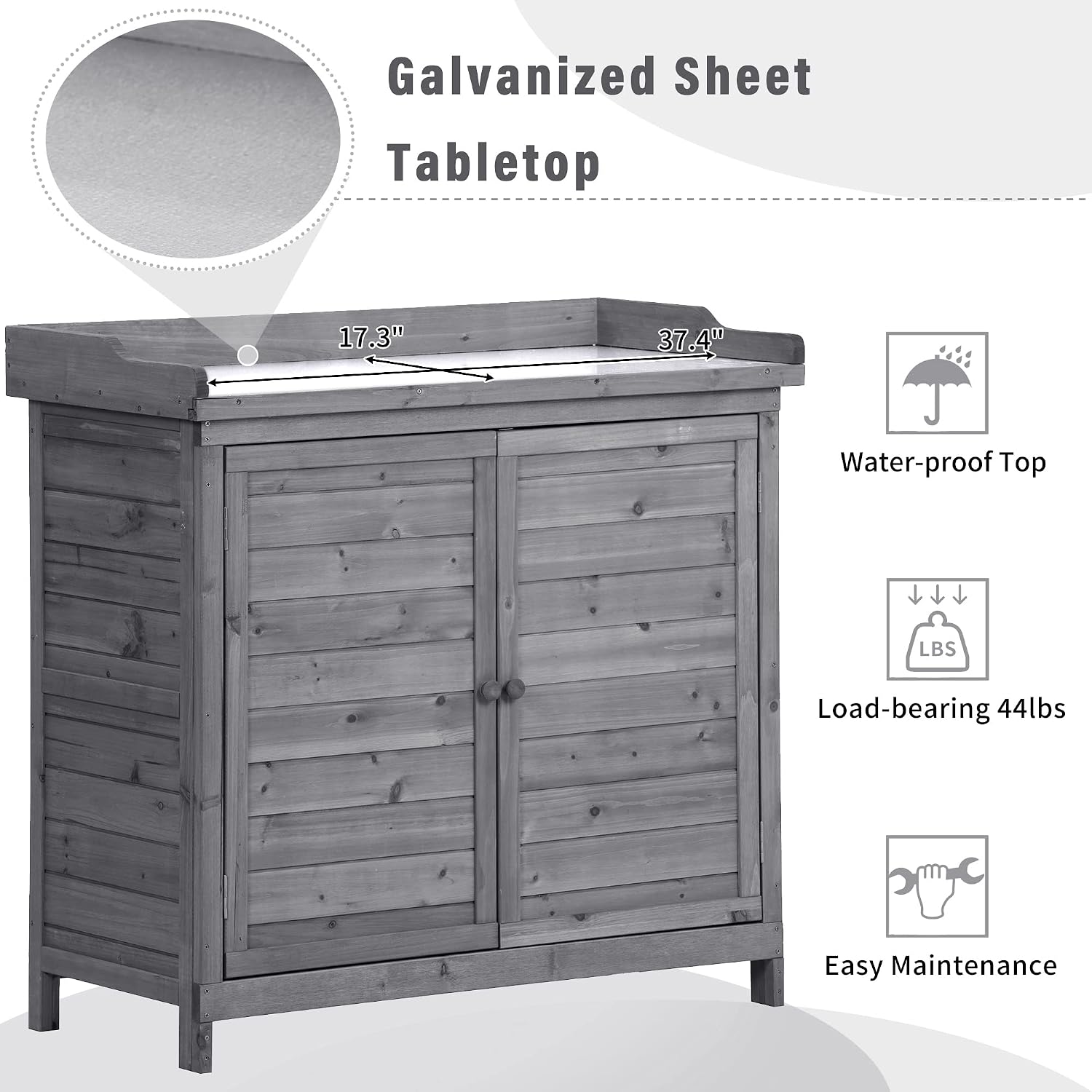 Outdoor 39' Potting Bench Table, Rustic Wood Workstation Storage Cabinet GShed with 2 Tier Shelves and Side Hook, Grey