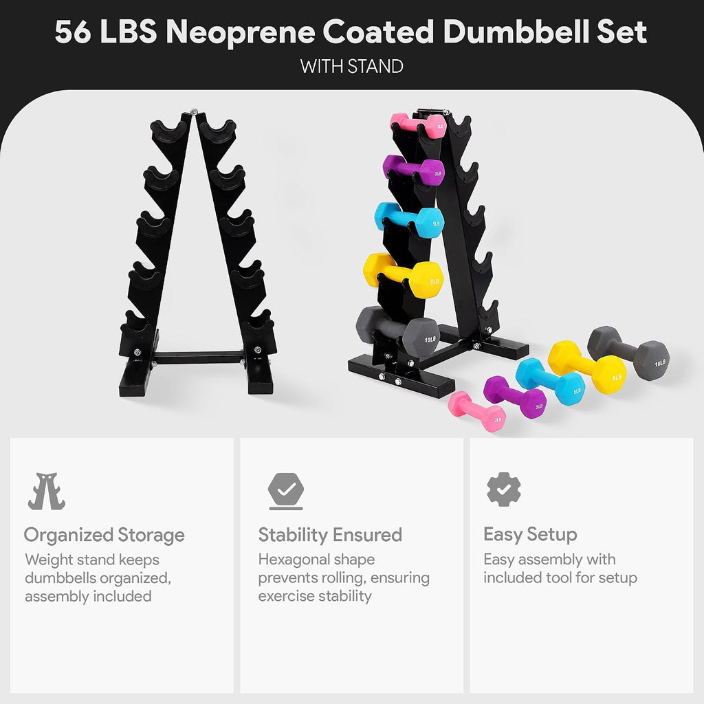 BalanceFrom Neoprene Coated Iron Dumbbell Hex Weights Set with Stand – Color-Coded or Black Options with Non-Slip Grip for Strength Training, Resistance Workouts, and Home Gym Fitness