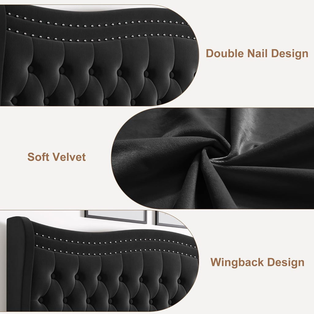 Full Bed Frame with Tall Headboard & Footboard, Velvet Upholstered Platform Bed Frame with Deep Button Tufted Wingback, No Box Spring Needed, Noise Free, Black