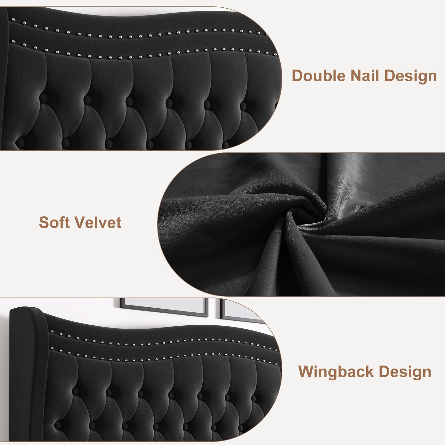 Full Bed Frame with Tall Headboard & Footboard, Velvet Upholstered Platform Bed Frame with Deep Button Tufted Wingback, No Box Spring Needed, Noise Free, Black