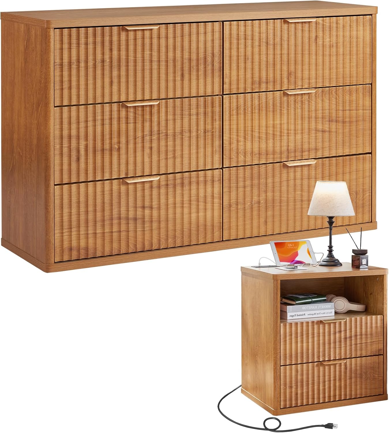LEYAOYAO Fluted Dresser and Nightstand Sets, Wood 48' Wide Dresser & 23' Night Stand with Charging Station, 2 Piece Bedroom Furniture Set, Chest of Drawers for Bedroom, Home, Living Room,Brown