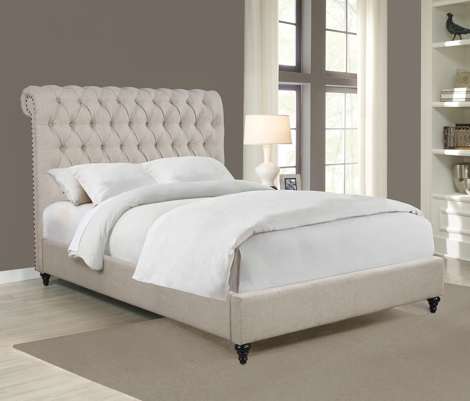 Coaster Home Furnishings - Devon - Wood - Upholstered Panel Bed with Tall Rolled Headboard, Button Tufting, Nail Head Trim and Turned Legs - Bedroom - Eastern King Size - Beige - 300525KE