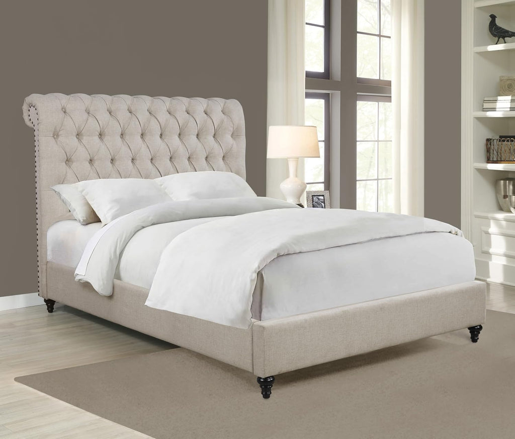 Coaster Home Furnishings - Devon - Wood - Upholstered Panel Bed with Tall Rolled Headboard, Button Tufting, Nail Head Trim and Turned Legs - Bedroom - Queen Size - Beige - 300525Q