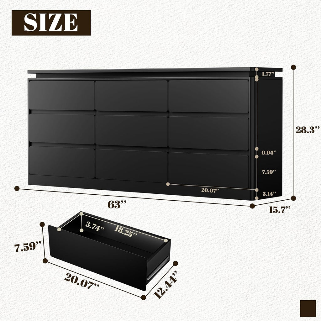 9 Drawer Dresser for Bedroom, 63' Long Black Chest of Drawers with Charging Station & LED Lights, Curved Anti-Collision Design,Wooden Closet Storage Cabinet,Modern Dresser TV Stand with Deep Drawers