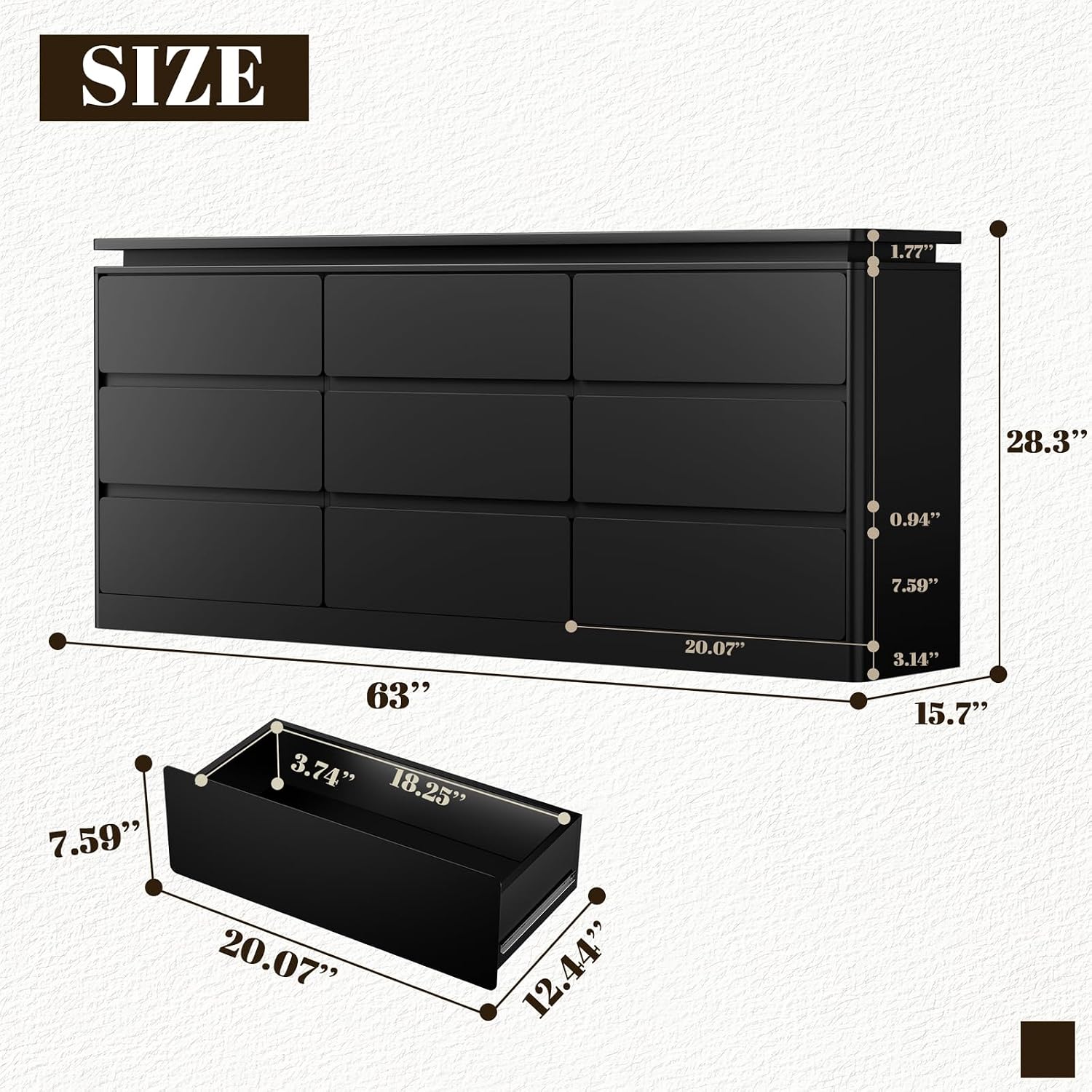 9 Drawer Dresser for Bedroom, 63' Long Black Chest of Drawers with Charging Station & LED Lights, Curved Anti-Collision Design,Wooden Closet Storage Cabinet,Modern Dresser TV Stand with Deep Drawers