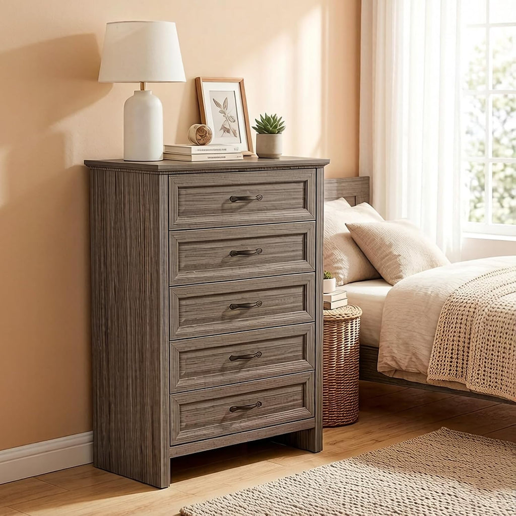 Pipishell Grey 5 Drawers Dresser Chests for Bedroom, 42.7 Inch Tall Wooden Dresser, Farmhouse Storgae Organizer with Large Drawers & Bar Handles for Bedroom, Entryway, Hallway, Grey