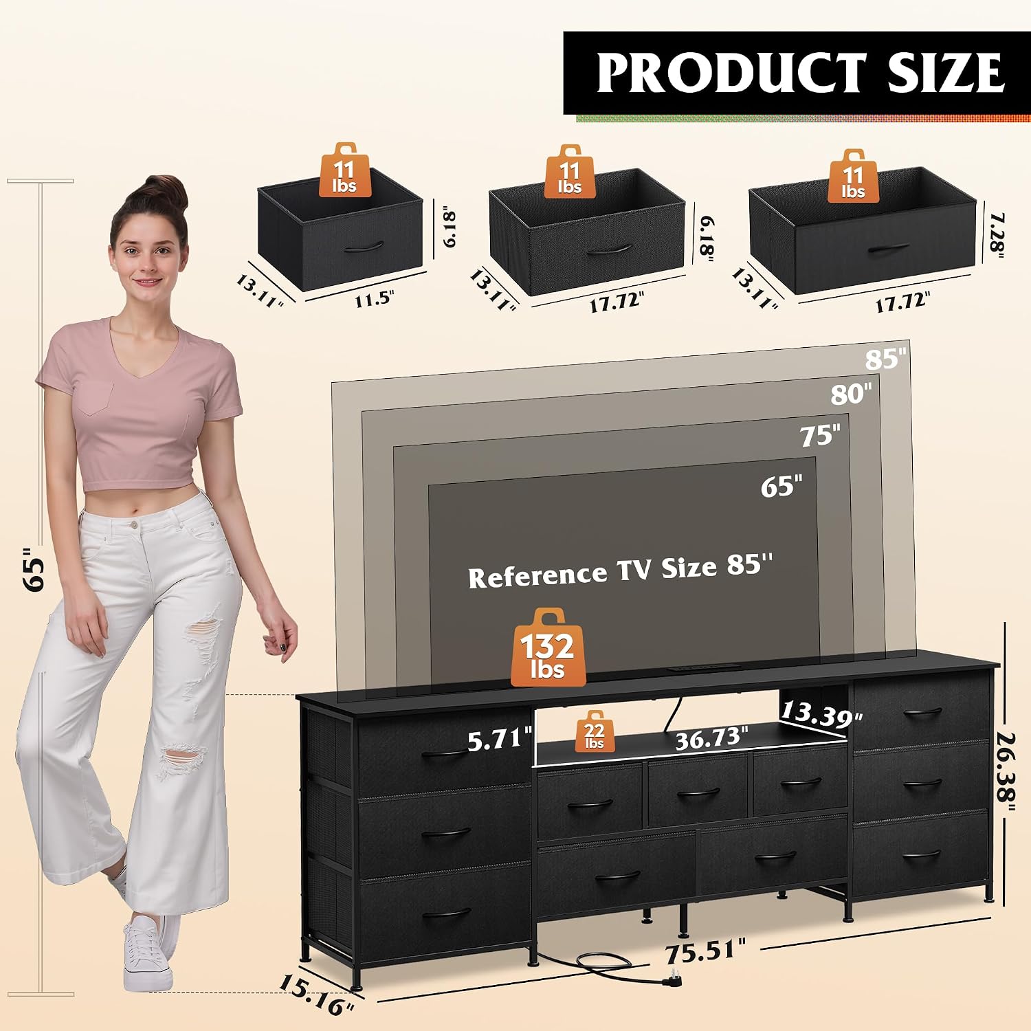 WLIVE 75.5' TV Stand for 65, 75, 80, 85 Inch TV, Dresser for Bedroom with Power Outlets & LED Lights, 11 Drawer Fabric Dresser with Open Shelves, Entertainment Center with Storage, Black