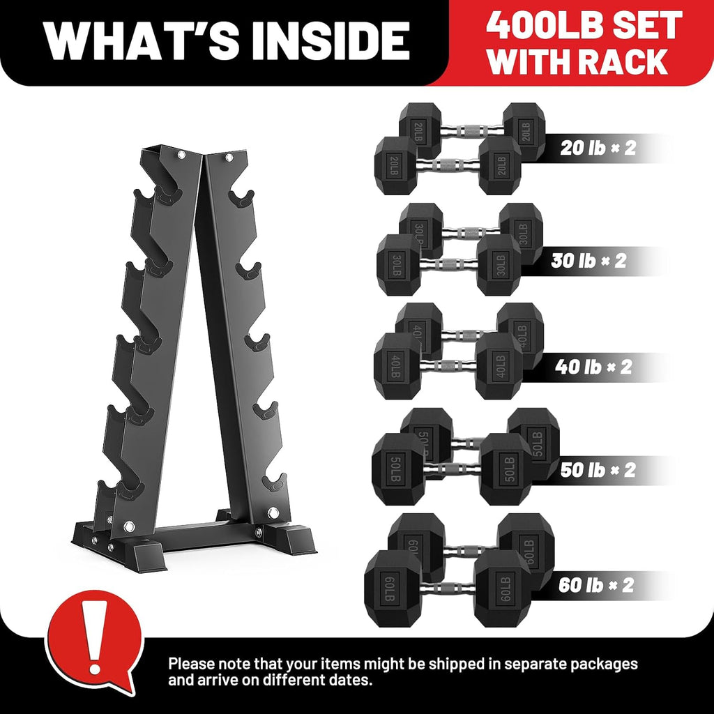 PAPABABE Hex Dumbbell Set with Rack, 85-560lb Rubber Encased Dumbbell Free Weights Dumbbells Set with Storage Rack, Hand Weights Set for Strength Training