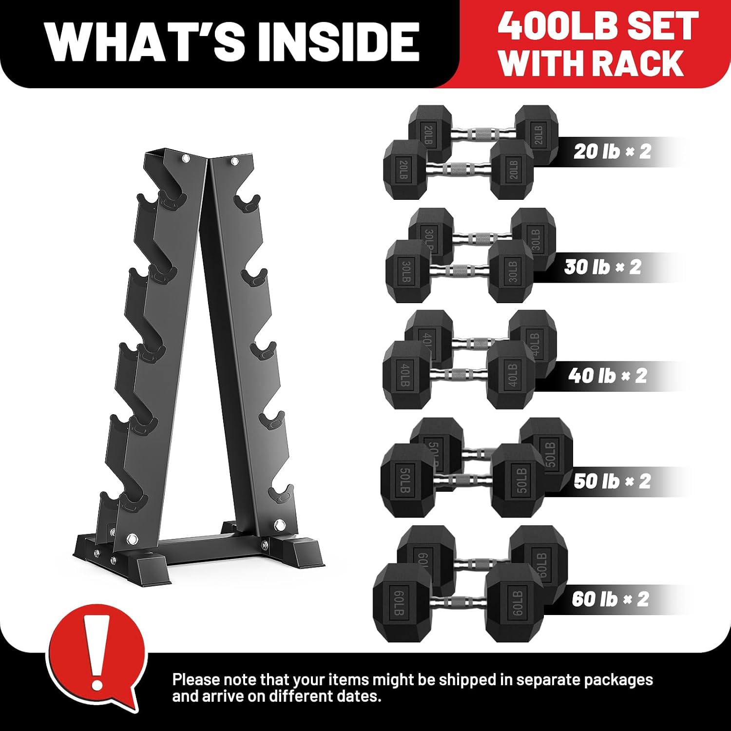 PAPABABE Hex Dumbbell Set with Rack, 85-560lb Rubber Encased Dumbbell Free Weights Dumbbells Set with Storage Rack, Hand Weights Set for Strength Training