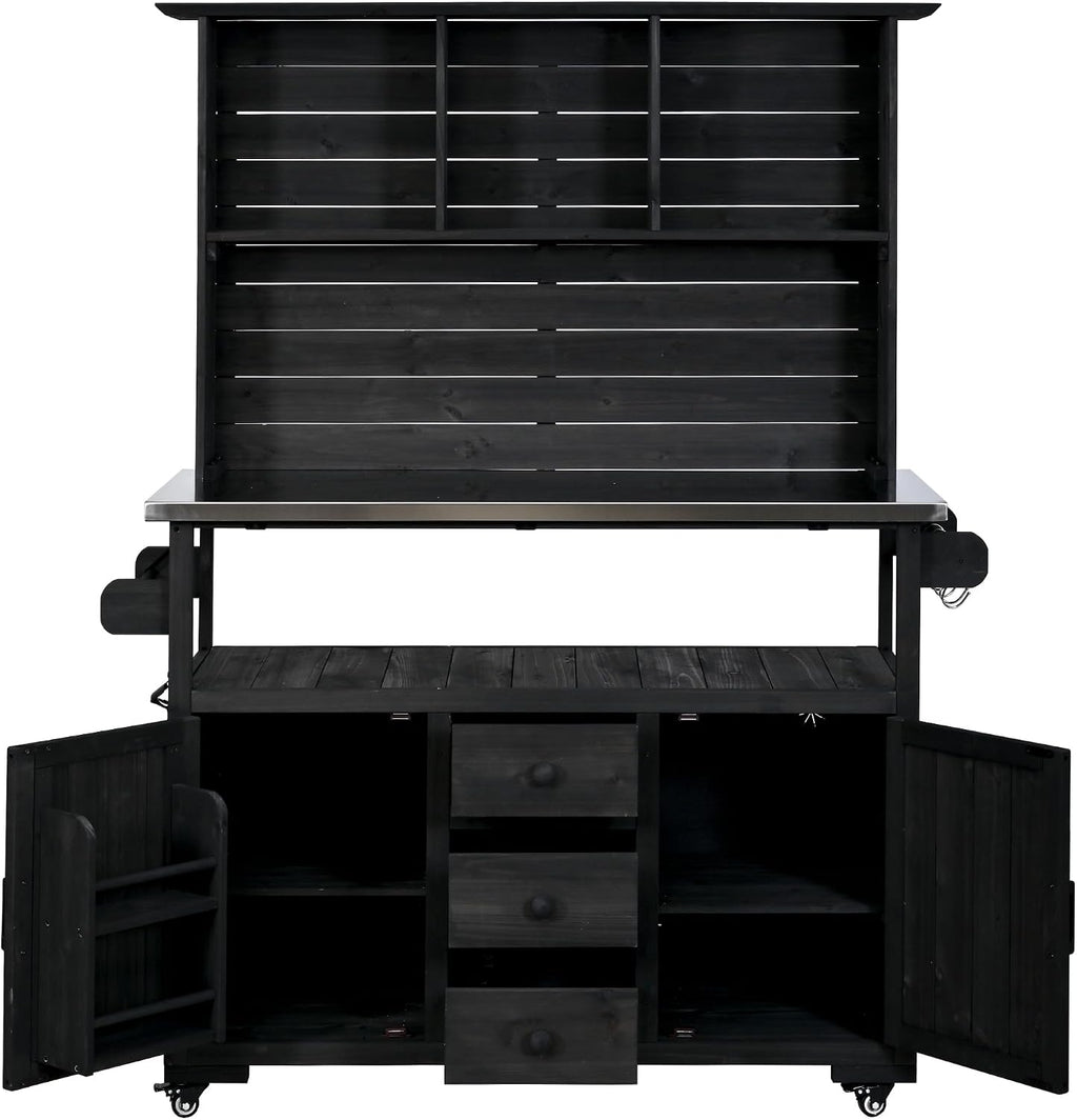 65' H Garden Potting Bench with Storage, Outdoor Wood Kitchen Island Stainless Steel Top, Lockable Wheels, Drawers, Door Shelves & Hutch for Patio Grilling Station, Black