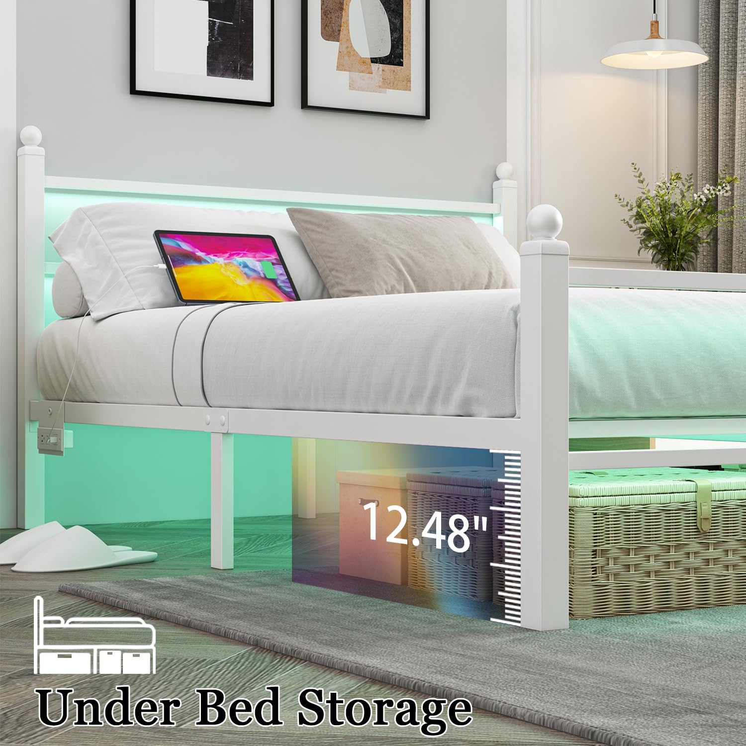 Jenmit Full Size Bed Frame with Charging Station & LED Lights,Full Metal Platform Bed Frame with Headboard and Footboard, Storage Space Under Bed,No Box Spring Needed,Noise Free, Easy Assembly, White