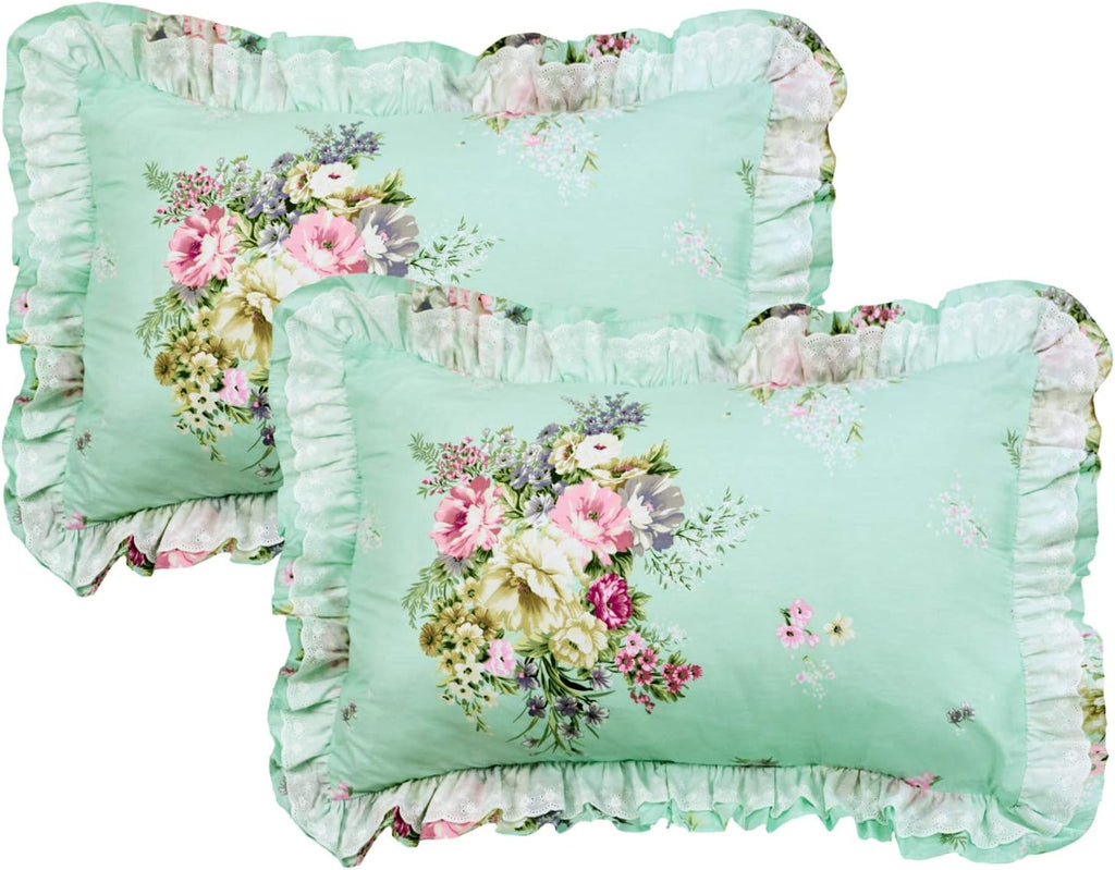 FADFAY Shabby Green Floral Bedding 100% Cotton Princess Lace Ruffle Girls Duvet Cover Set with Bedskirt, 4Pcs, King Size