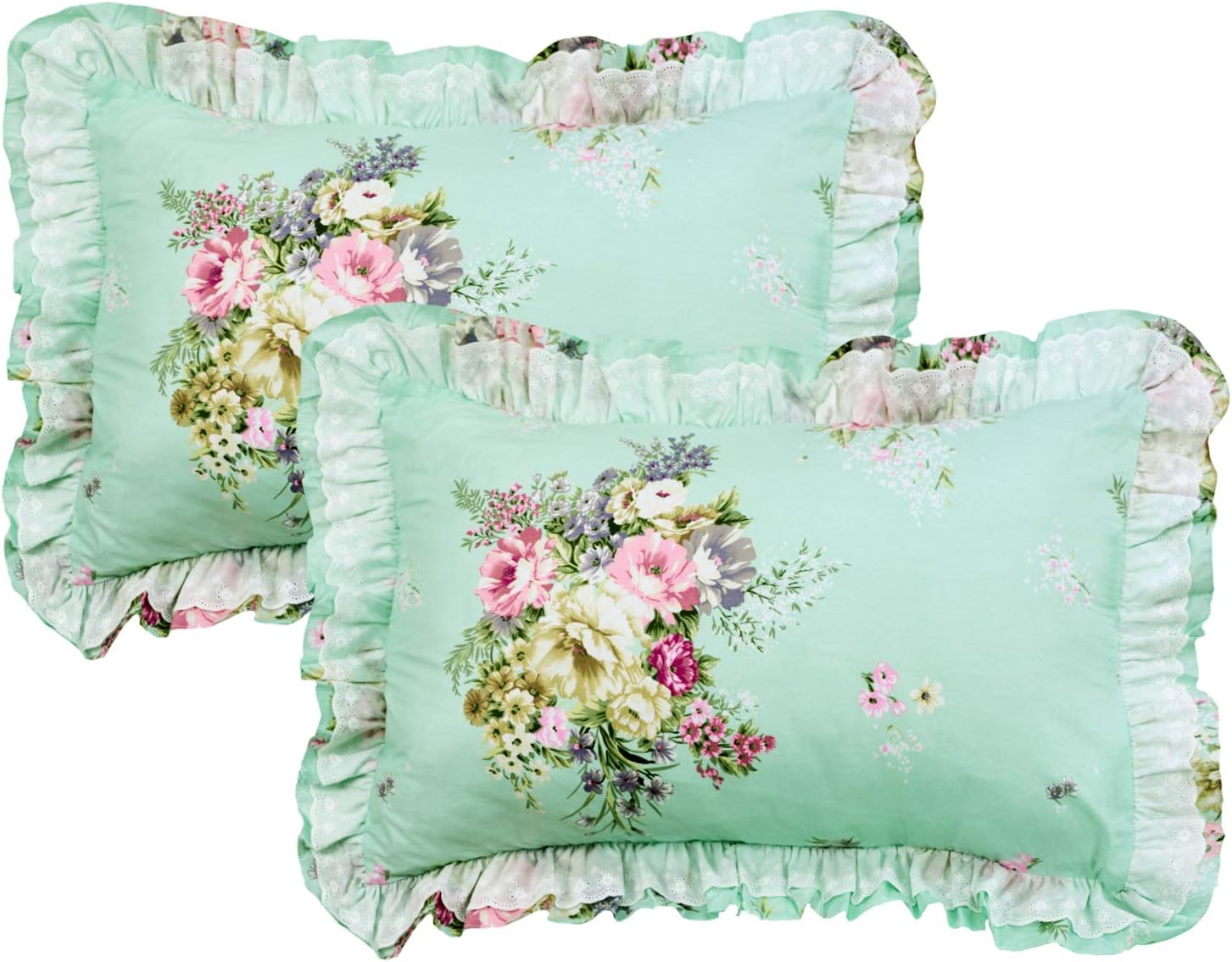 FADFAY Shabby Green Floral Bedding 100% Cotton Princess Lace Ruffle Girls Duvet Cover Set with Bedskirt, 4Pcs, King Size