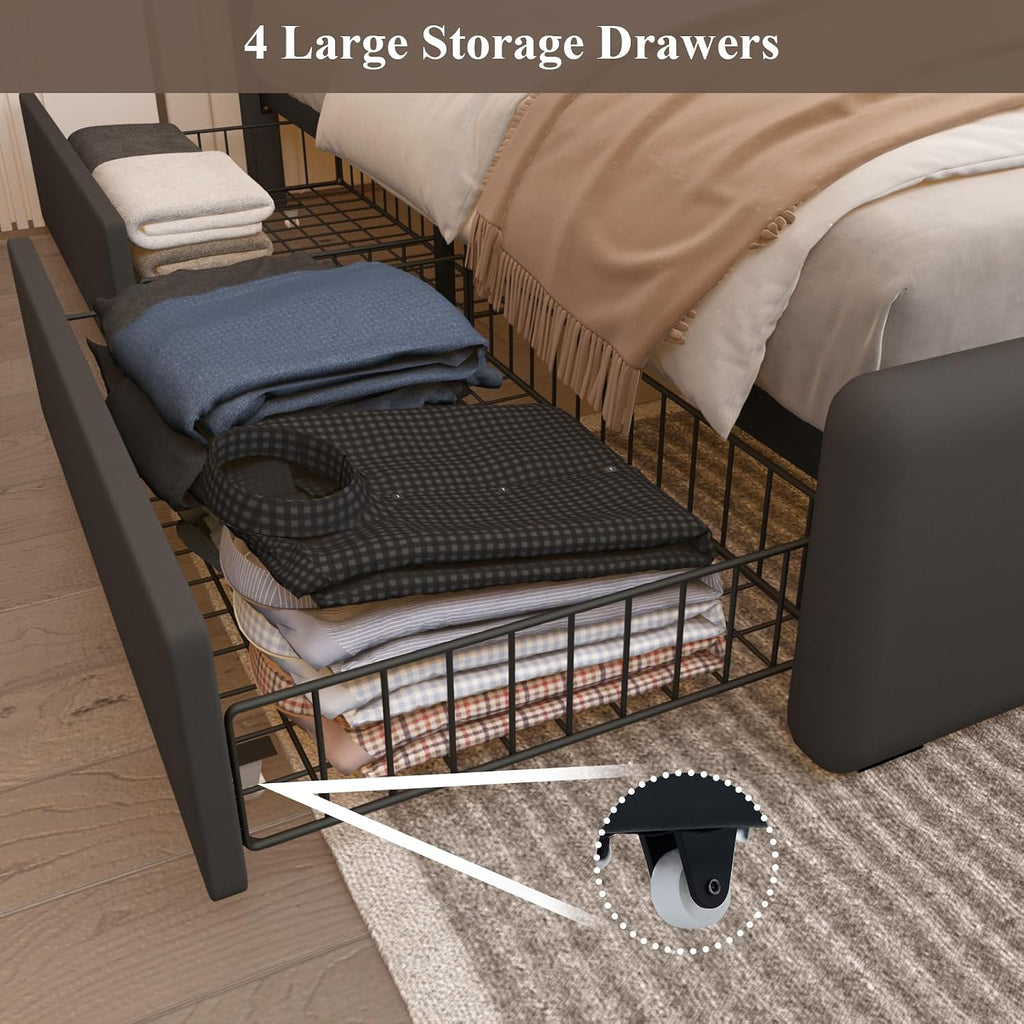 Full Bed Frame with Adjustable Headboard, Upholstered Platform Bed with RGB LED Lights, 4 Storage Drawers & Charging Station (1 USB 1 Type-C), PU Leather Headboard, No Box Spring Needed