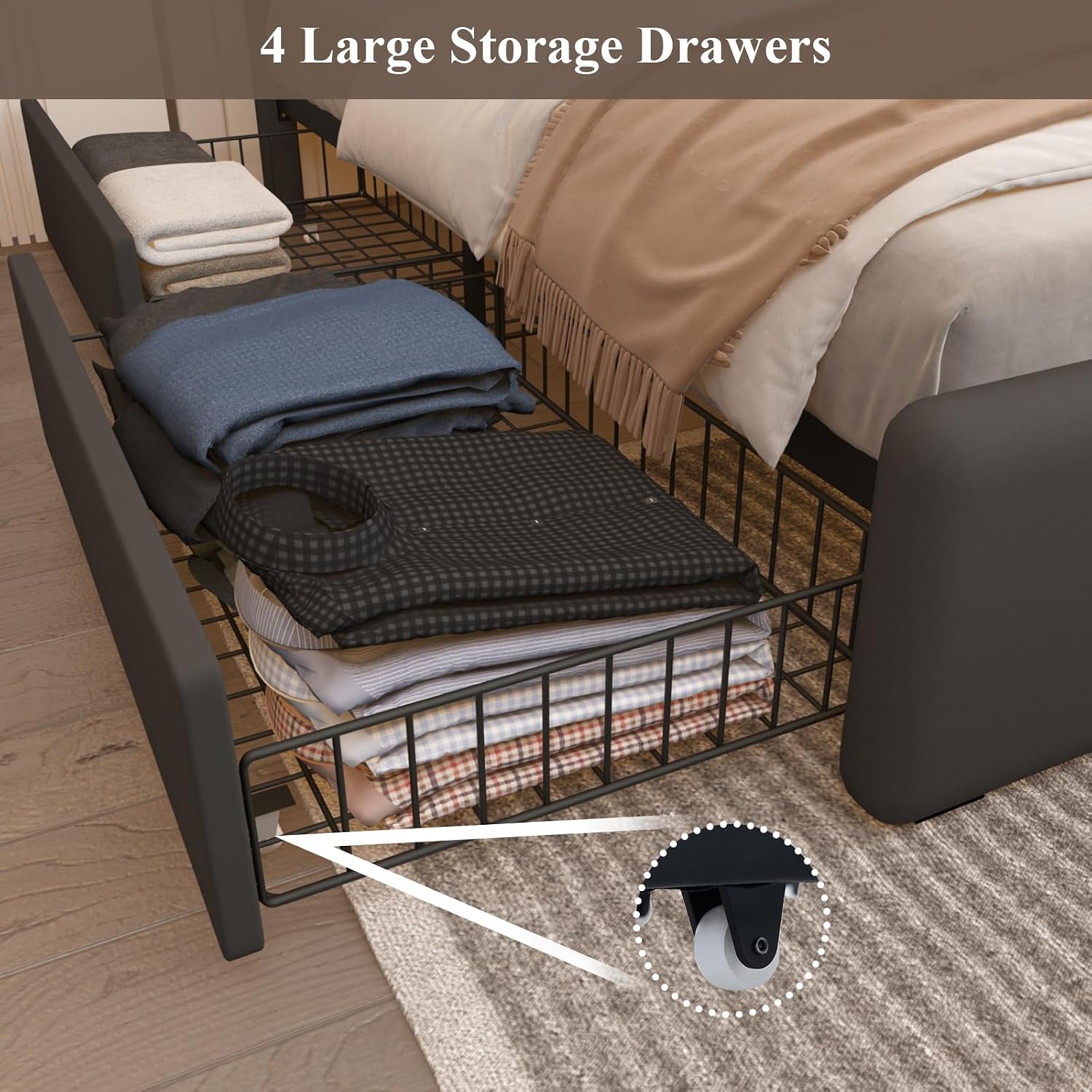 Full Bed Frame with Adjustable Headboard, Upholstered Platform Bed with RGB LED Lights, 4 Storage Drawers & Charging Station (1 USB 1 Type-C), PU Leather Headboard, No Box Spring Needed