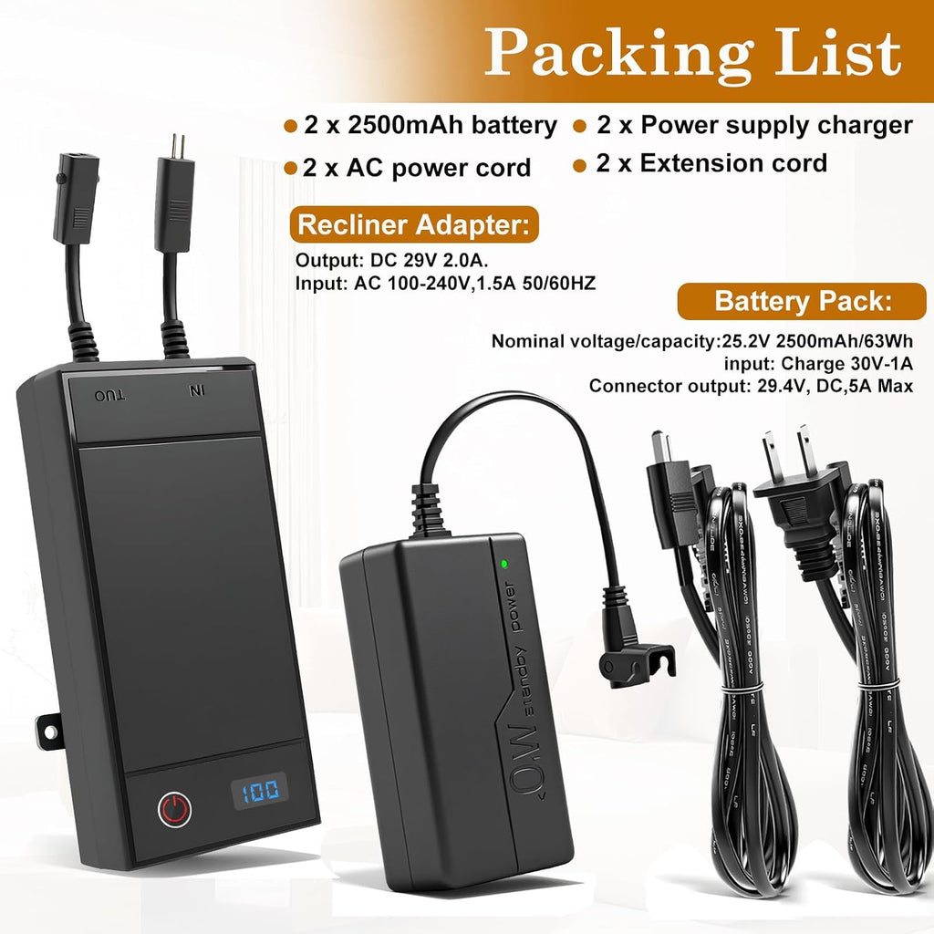 2 Pack Battery Packs for Reclining Furniture - 2500mAh with LCD Display for Electric Recliners, Power Sofas, Lift Chairs and Couch - only Compatible with 2-Pin Connector Motion Furniture