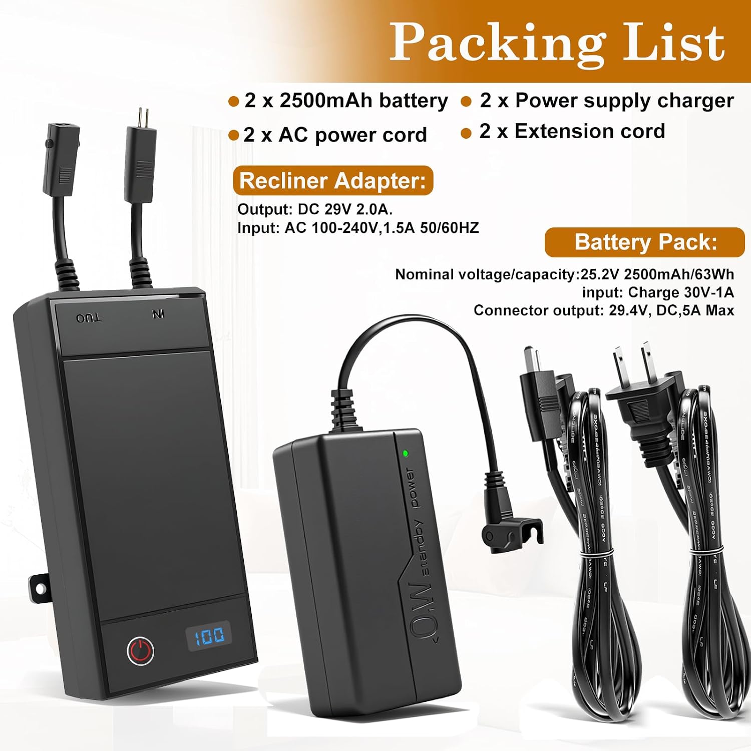 2 Pack Battery Packs for Reclining Furniture - 2500mAh with LCD Display for Electric Recliners, Power Sofas, Lift Chairs and Couch - only Compatible with 2-Pin Connector Motion Furniture