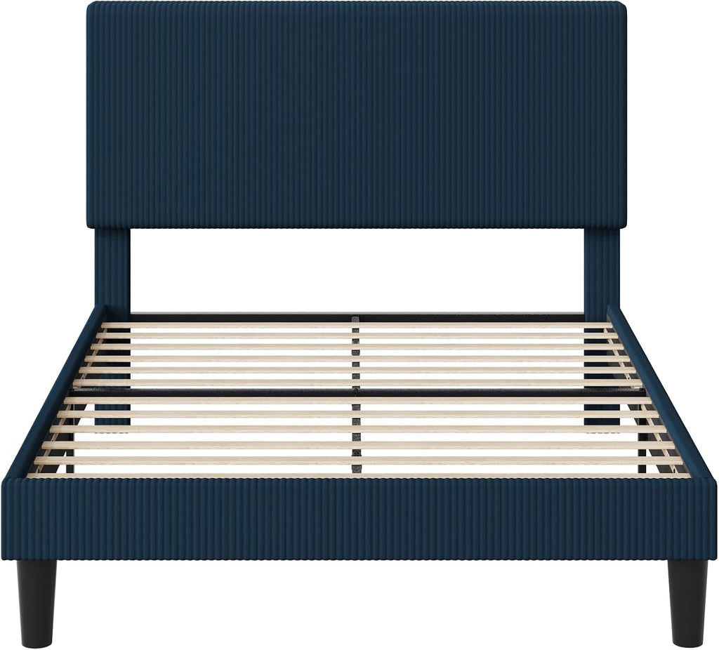 Allewie Full Size Upholstered Bed Frame with Vertical Channel Tufted Headboard, Soft Corduroy Fabric Platform Bed, Strong Wooden Slats Support, Easy Assembly, No Box Spring Needed, Dark Blue