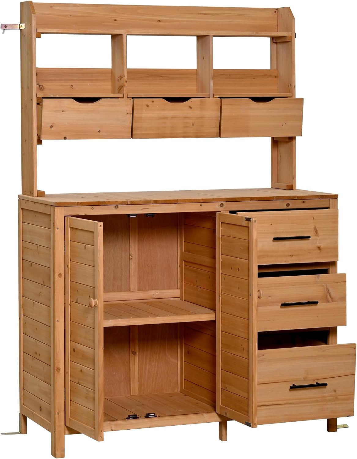 Farmhouse Patio Potting Bench with Storage Cabinet, 65' H Garden Workstation with 6 Drawers and Side Hooks, Outdoor Kitchen Island with Adjustable Shelf for Patio, Backyard, Natural