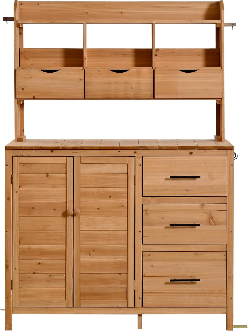 Farmhouse Patio Potting Bench with Storage Cabinet, 65' H Garden Workstation with 6 Drawers and Side Hooks, Outdoor Kitchen Island with Adjustable Shelf for Patio, Backyard, Natural
