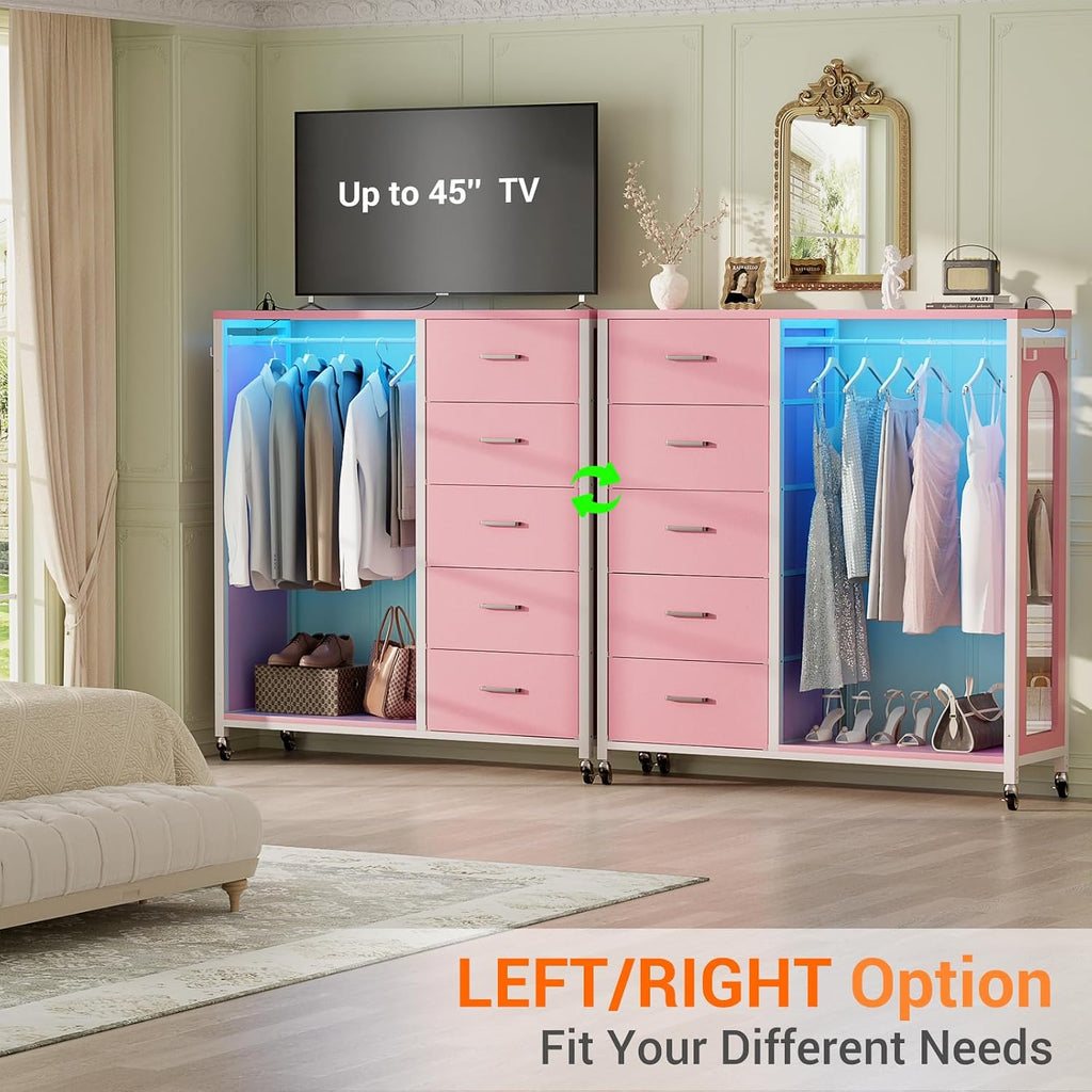 Cyclysio Dresser for Bedroom with Clothes Rack & Mirror, 5 Fabric Drawers Dresser with Charging Station & LED Lights, Rolling Chest of Drawers with Wheels, Full Length Mirror, Wooden Top, Closet