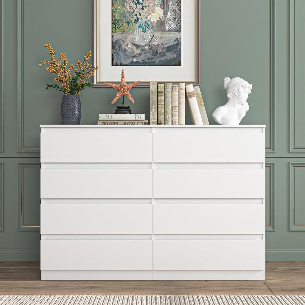 Vibe & Dine 8 Drawer Double Dresser, Modern Chest of Drawers with Wide Storage for Closet, Bedroom, Living Room, White