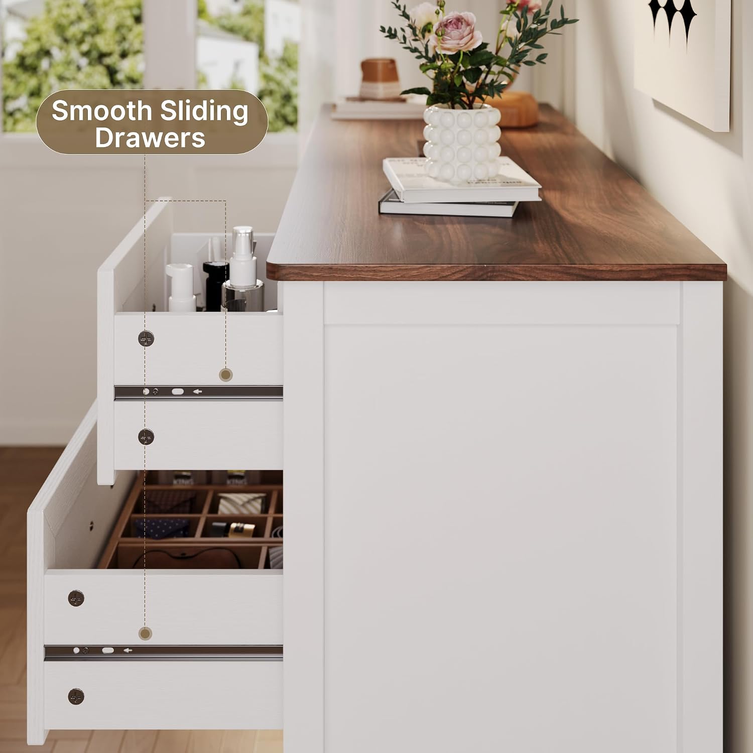 Gizoon Farmhouse 7 Drawers Dresser, White Chest of Drawers with Metal Handles, 47' Wide Wooden Storage Organizer for Bedroom, Hallway, Living Room, Tabletop-Retro