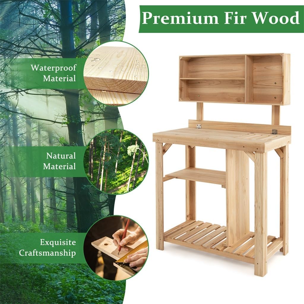 Garden Potting Table Outdoor Bench Wooden Workstation W/Storage Shelf