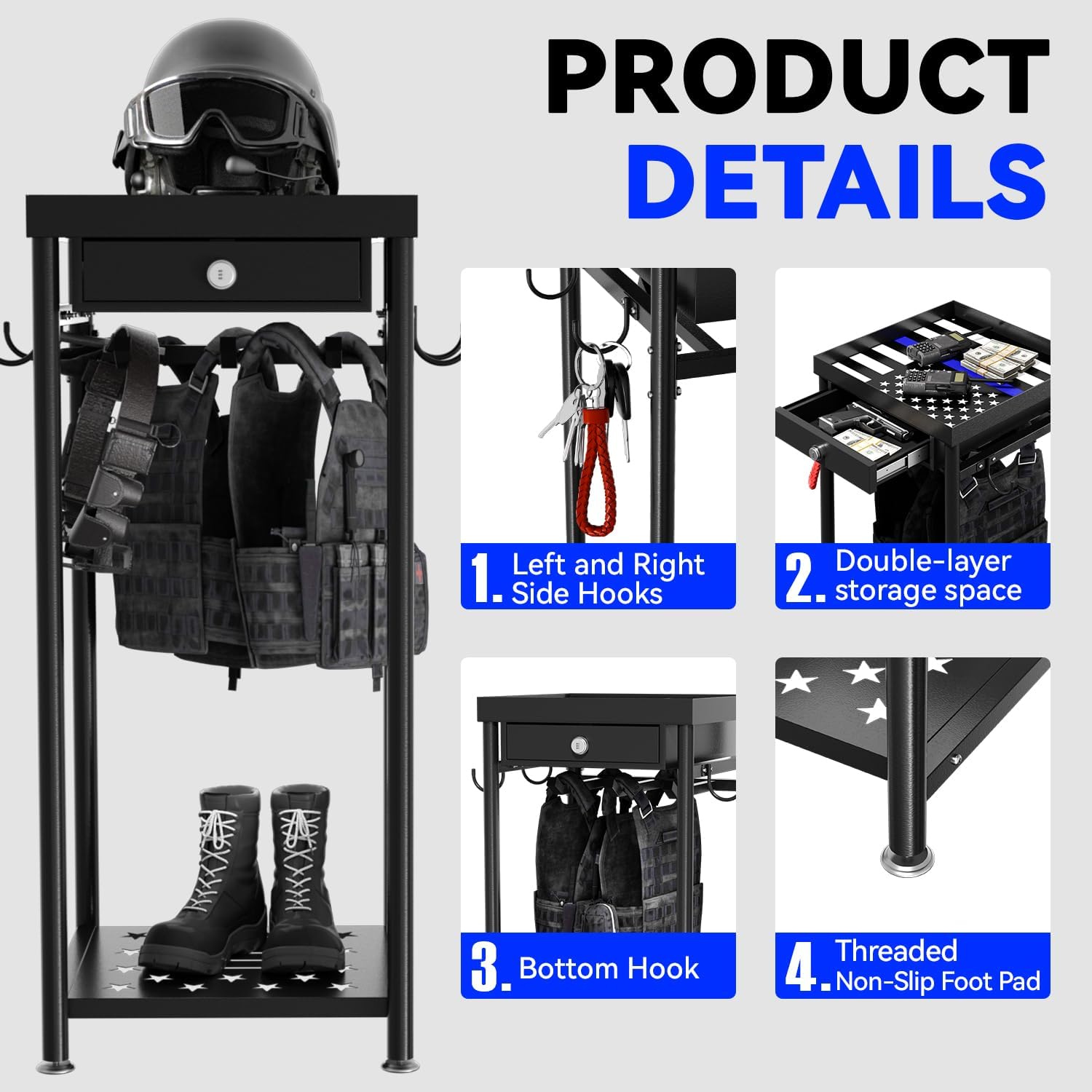 Heavy Duty Police Gear Rack with Drawer, Freestanding Tactical Duty Gear Rack Organizer with Hooks, Black Body Armor Stand for Storing Uniform, Vest Belt Helmet, Police Gift